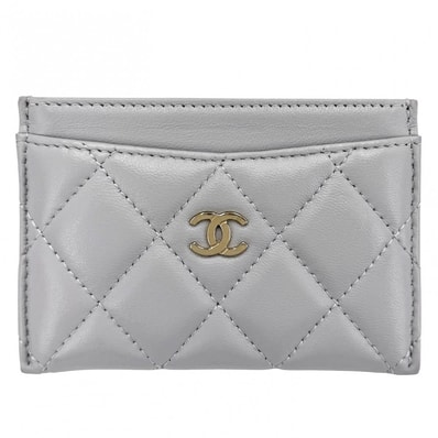 CHANEL シャネル カードケース マトラッセ ココマーク 定期入れ パスケース 小物 クラシックカードホルダー ラムスキン グレー ゴールド金具 レディース 美品【中古品】
