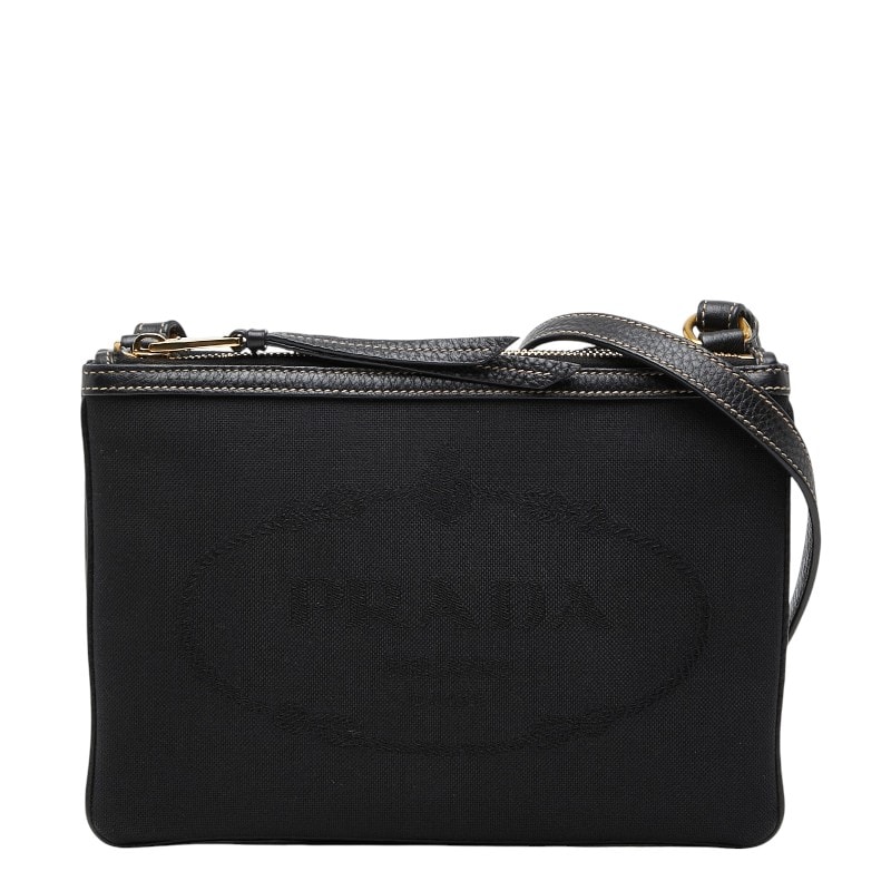プラダ ロゴジャガード 斜め掛け ショルダーバッグ ブラック キャンバス レディース PRADA 【中古】
