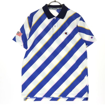 美品 Champion チャンピオン 斜めボーダー柄 ワッペン 半袖 ポロシャツ M ブルー系