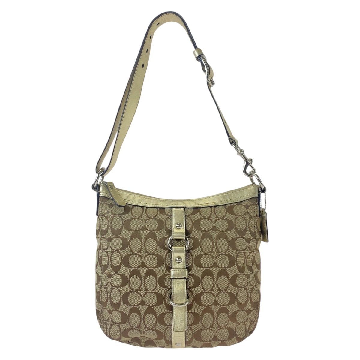 COACH コーチ シグネチャー ゴールド ベージュ シルバー金具 キャンバス レザー/ ショルダーバッグ ポシェット 408356 【中古】