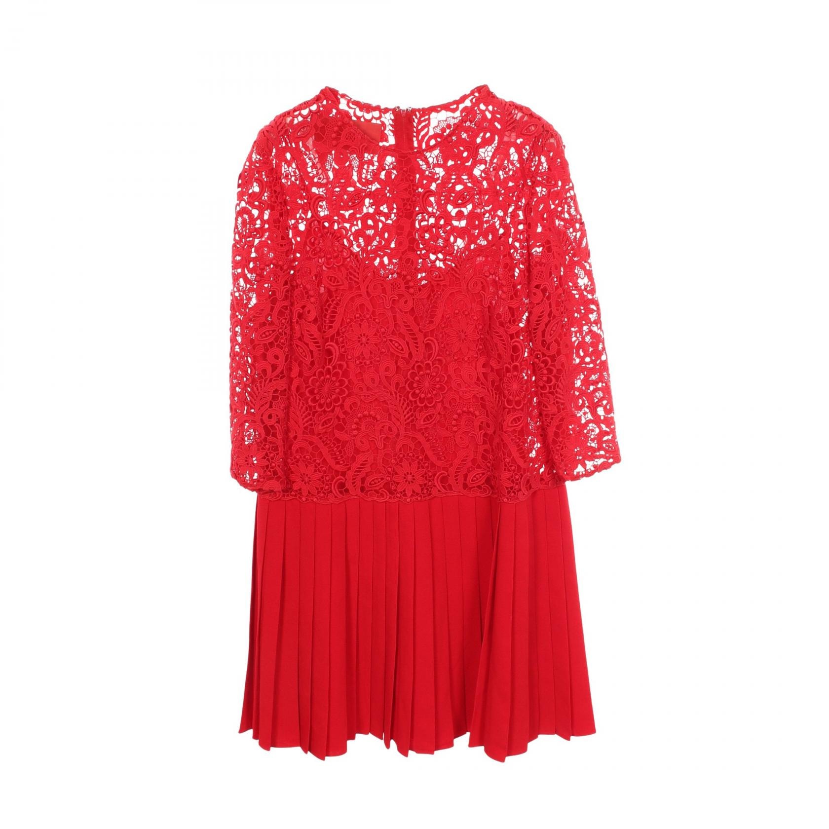 ヴァレンチノ Valentino 花柄 レース切替 プリーツ ワンピース 衣料品 トップス シルク レディース レッド系 【中古】