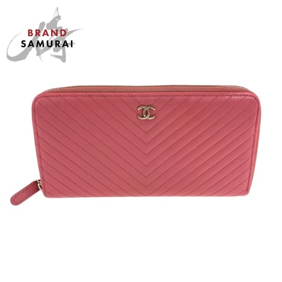 美品 CHANEL シャネル Vシェブロン Vステッチ ココマーク ピンク ゴールド金具 キャビアスキン 長財布 ラウンドファスナー 504175 【中古】
