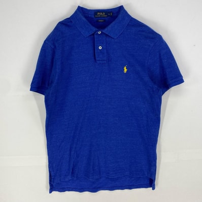 古着 ポロ・ラルフローレン POLO RALPH LAUREN 鹿の子 半袖シャツ ワンポイント ロゴ刺繍 ポロシャツ L ブルー系 無地 メンズ