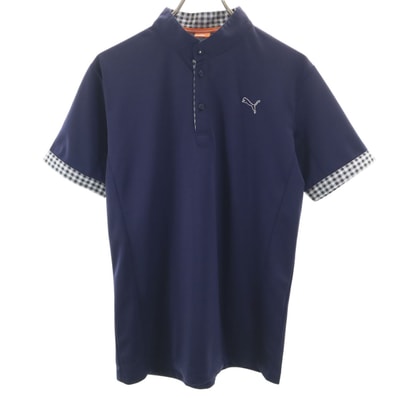 美品 PUMA プーマ ゴルフ 半袖 バンドカラー ポロシャツ L ネイビー