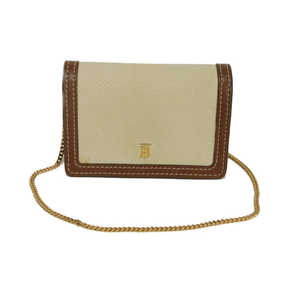 BURBERRY バーバリー TB ロゴ チェーン コンパクト ウォレット カーフ ブラウン カードケース パスケース コインケース 小銭入れ 2WAY ショルダー キャンバス ナチュラル 二つ折り財布 80350171