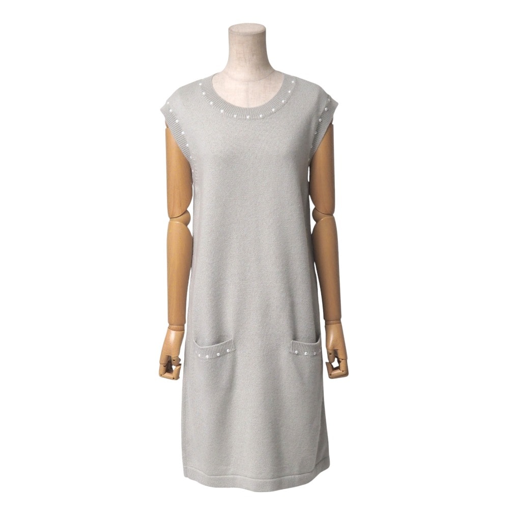 ■美品■CHANEL シャネル ワンピース サイズ38 P53 ココマーク ノースリーブ フェイクパール カシミヤ混 ニット ミディ ブランド古着【中古】20250822/RA5896