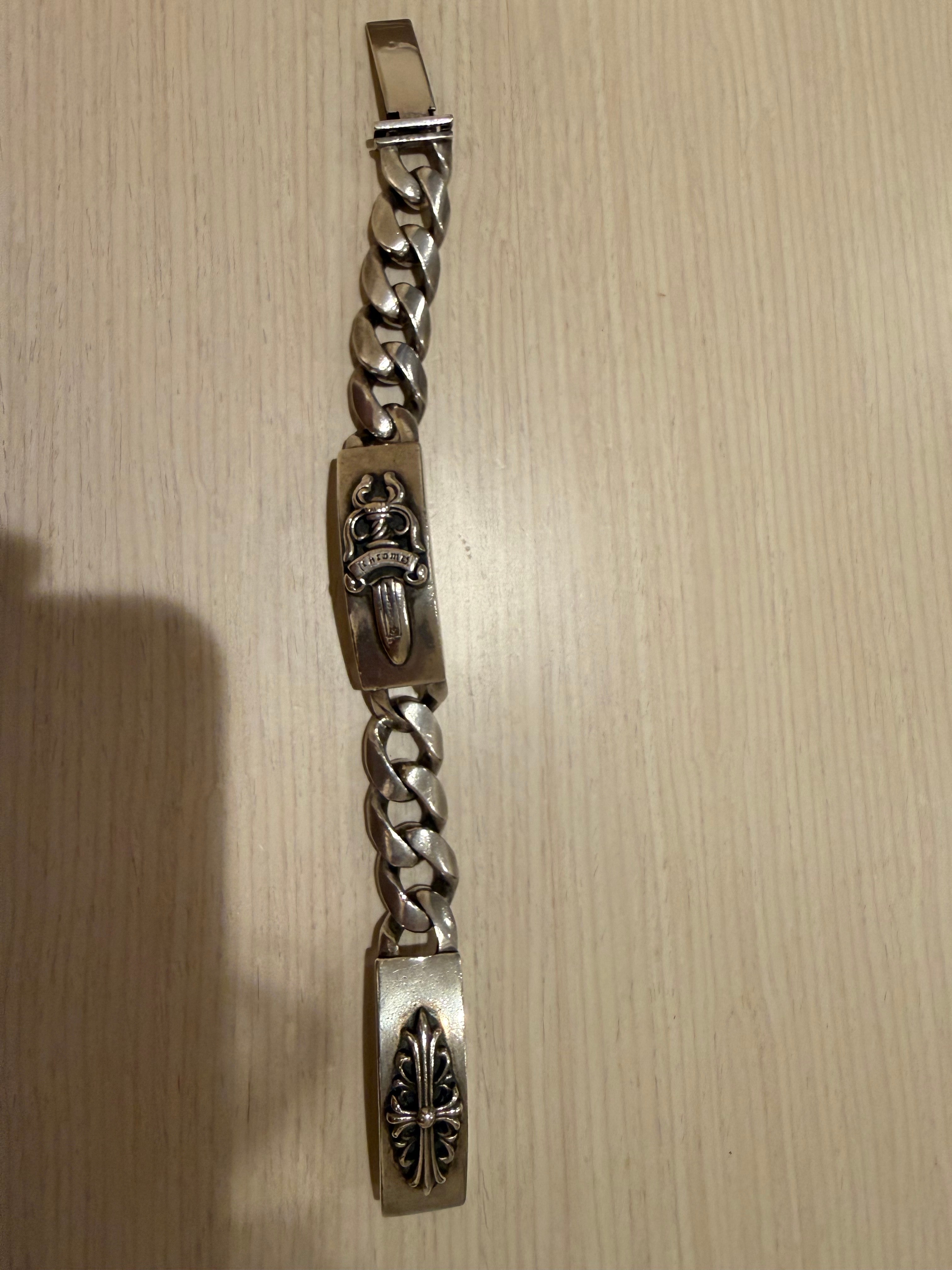 Chrome Hearts Double ID Classic Link Dagger & Floral Cross Bracelet "Silver"