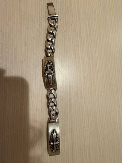 Chrome Hearts Double ID Classic Link Dagger & Floral Cross Bracelet "Silver"