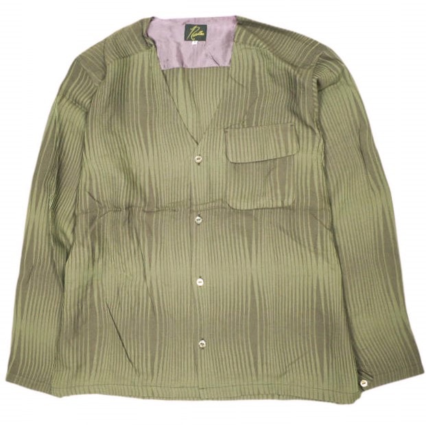 Needles ニードルス 日本製 V Neck Shirt -R/N Wave Stripe Jq. ウェーブストライプ Vネックシャツ MR146 S Olive トップス g22871