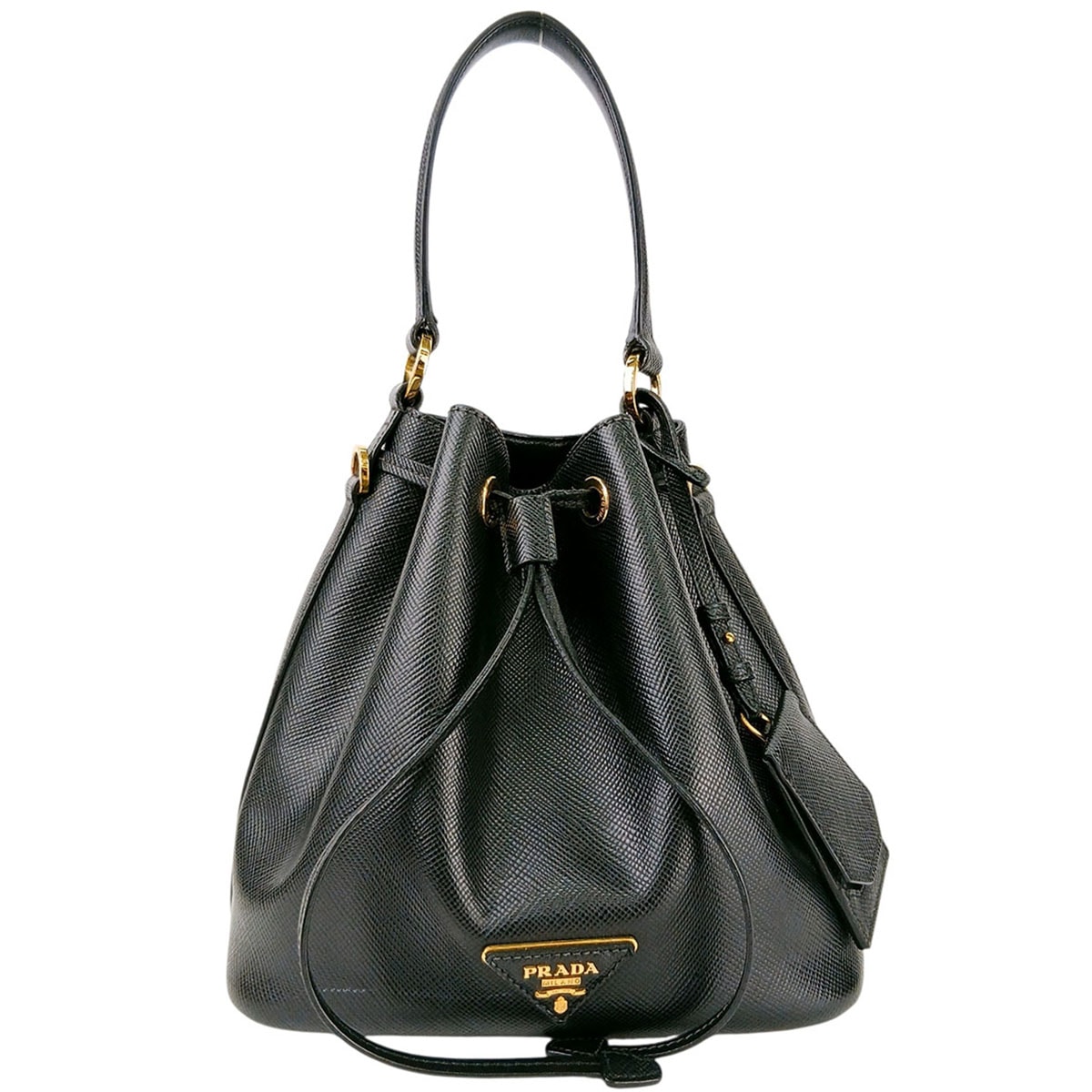 PRADA プラダ 巾着 バケット トライアングルロゴ サフィアーノ ハンドバッグ ショルダーバッグ 1BE032 レザー ブラック ゴールド  レディース【中古】
