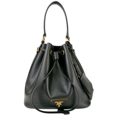 PRADA プラダ 巾着 バケット トライアングルロゴ サフィアーノ ハンドバッグ ショルダーバッグ 1BE032 レザー ブラック ゴールド レディース【中古】