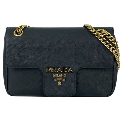 PRADA プラダ サフィアーノ レザー チェーン ショルダーバッグ レザー ブラック レディース【中古】