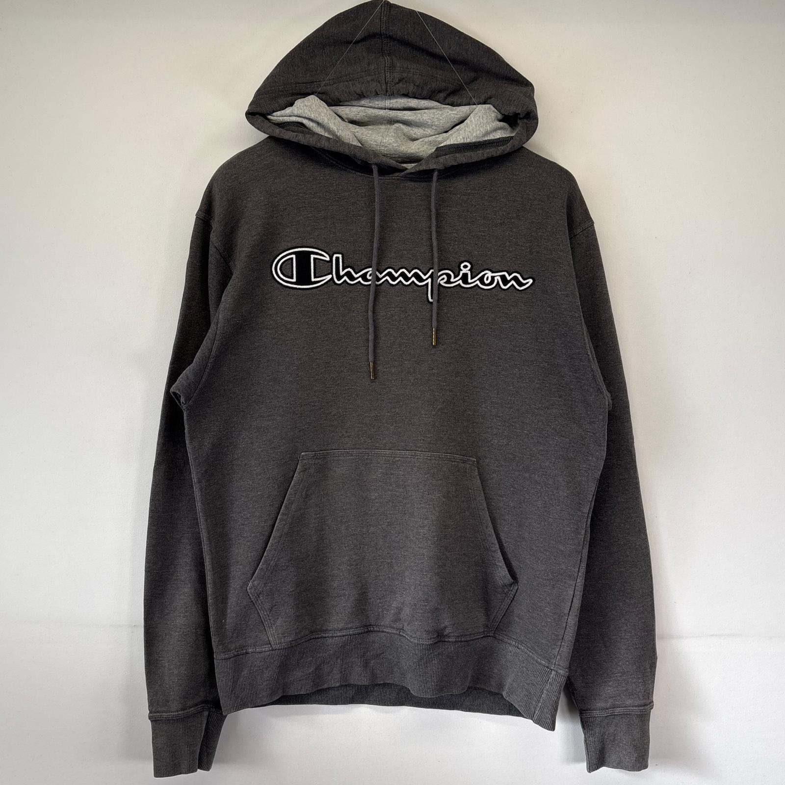 古着 チャンピオン Champion パーカー プルオーバー フーディー ビックロゴ刺繍デザイン トレーナー M  グレー系 メンズ