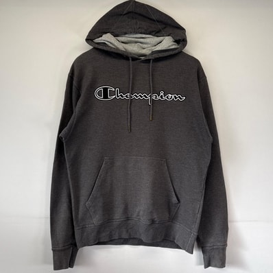 古着 チャンピオン Champion パーカー プルオーバー フーディー ビックロゴ刺繍デザイン トレーナー M グレー系 メンズ