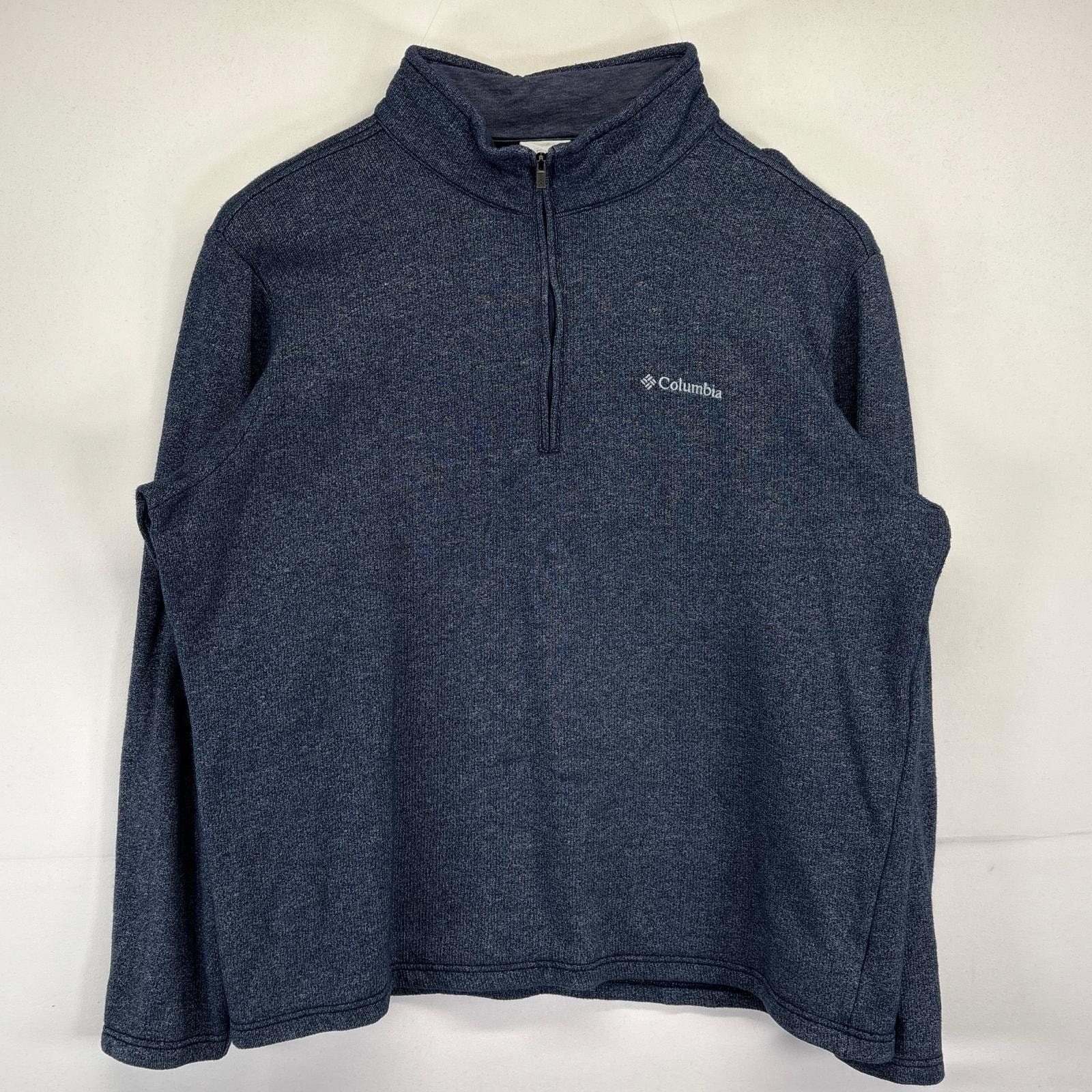 古着 コロンビア Columbia スウェット ハーフジップ トレーナー ワンポイント刺繍 ニット生地 裏起毛 XL  ネイビー系 メンズ