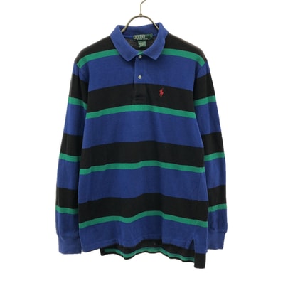 Polo by Ralph Lauren ポロバイラルフローレン 80s ヴィンテージ ボーイズ 緑タグ ボーダー 長袖 ポロシャツ L ブルー系 鹿の子