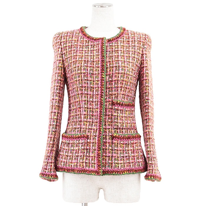 シャネル ツイード COCOマーク ロゴ ボタン ノーカラー  ジャケット レディース マルチカラー 36 CHANEL