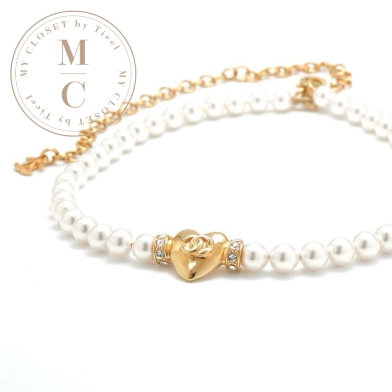 シャネル CHANEL ネックレス ペンダント チョーカー ホワイト ゴールド ハート ココマーク ラインストーン