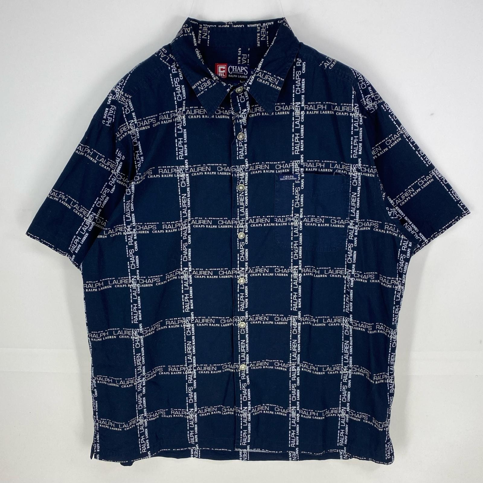 古着 チャップスラルフローレン CHAPS RALPHLAUREN 半袖シャツ ロゴデザイン 開襟 オープンカラー XL  ネイビー系 総柄 メンズ