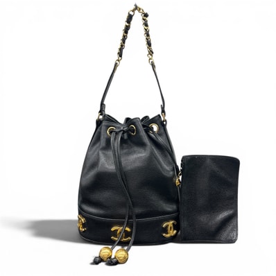 CHANEL シャネル トリプルココマーク キャビアスキン 2way チェーンショルダーバッグ ハンドバッグ 2番台シリアル ※ストラップのレザー欠損 レザー ブラック ゴールド金具 巾着 ワンショルダー ヴィンテージ アンティーク Bランク 鑑定済 中古