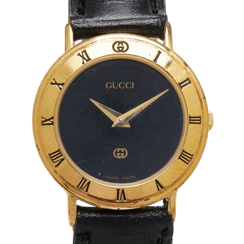 グッチ 腕時計 3000L クオーツ ブラック文字盤 ステンレススチール レザー レディース GUCCI 【中古】