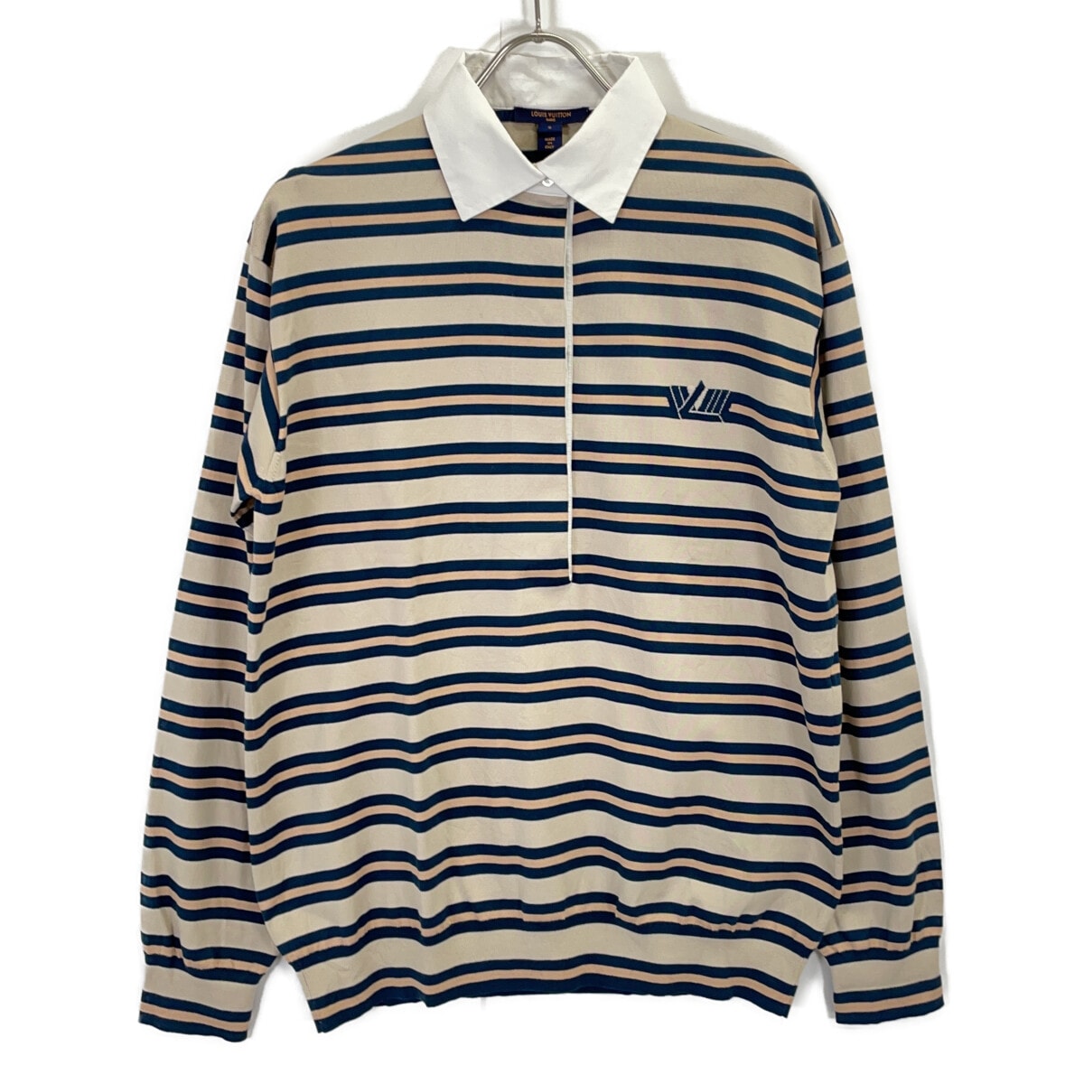 ルイヴィトン 21SS RW212W FN1 FLKL18 ベージュ×ブルー シルク混 ロングスリーブボーダーポロシャツ S