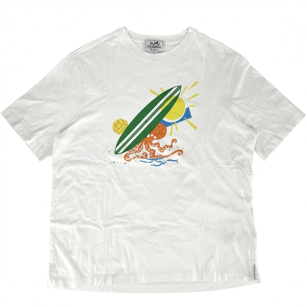 HERMES エルメス 半袖Tシャツ プールウォッチ クルーネック トップス サーフィン タコ 太陽 アパレル 服 M ホワイト 白 マルチカラー コットン レディース 春 夏【中古品】