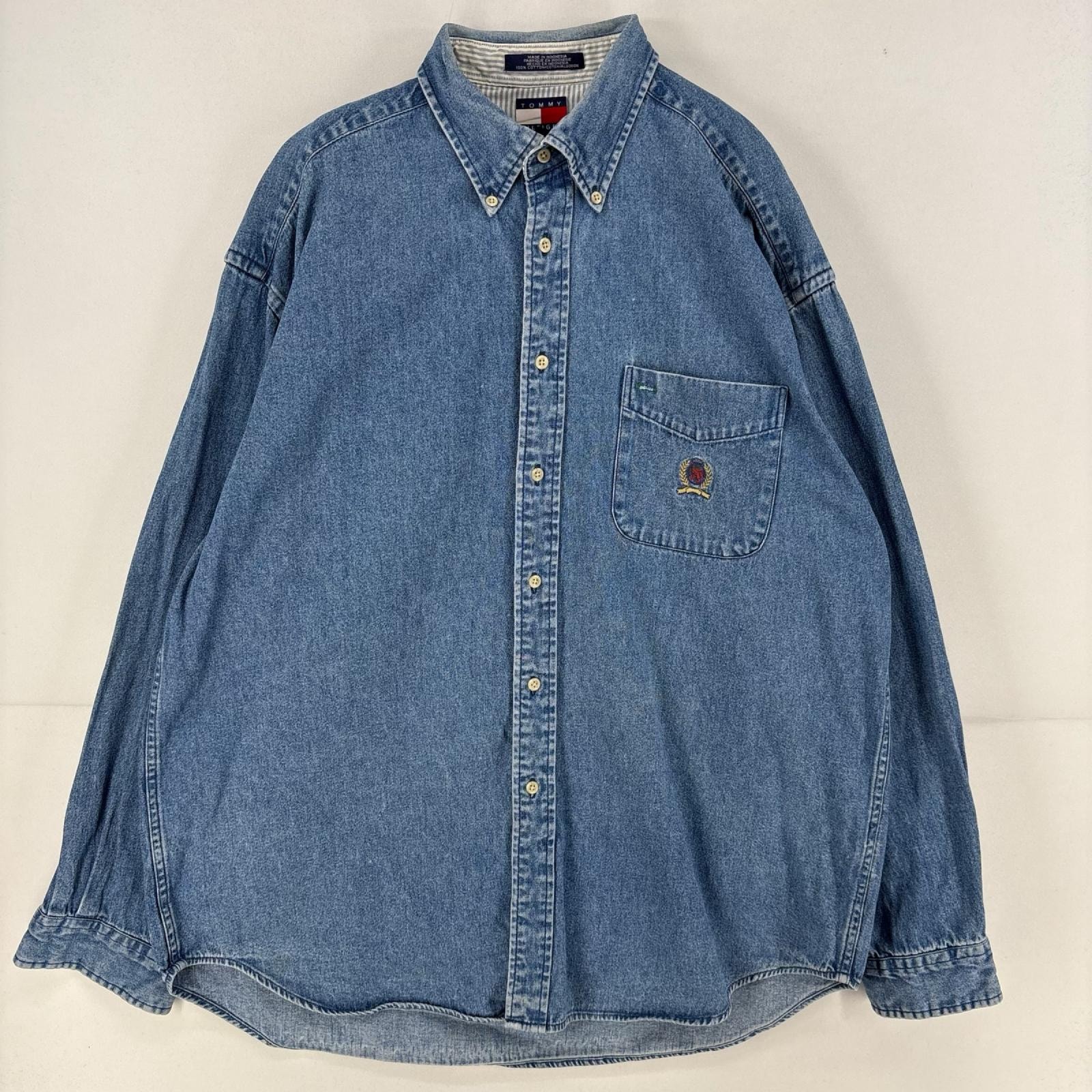 古着 90's/90年代 トミーヒルフィガー TOMMY HILFIGER デニム 長袖シャツ 刺繍 胸ポケット ワンポイント L  ブルー メンズ