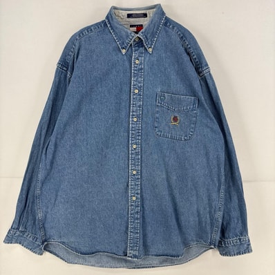 古着 90's/90年代 トミーヒルフィガー TOMMY HILFIGER デニム 長袖シャツ 刺繍 胸ポケット ワンポイント L ブルー メンズ