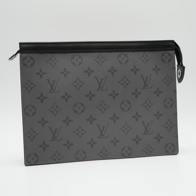 LOUIS VUITTON(ルイ・ヴィトン)ポシェット・ヴォワヤージュ MM クラッチバッグ セカンドバッグ モノグラム・エクリプス グレー ブラック PVCコーティングキャンバス シルバー金具 メンズ【中古】