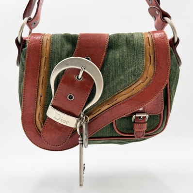 Christian Dior(クリスチャンディオール)ガウチョ ミニサドルバッグ ショルダーバッグ グリーン系 キャンバス レザー レディース ヴィンテージ