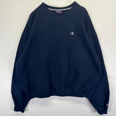 古着 チャンピオン Champion スウェット トレーナー 前V ワンポイントロゴ刺繍 プルオーバー 大きいサイズ 2XL ネイビー メンズ