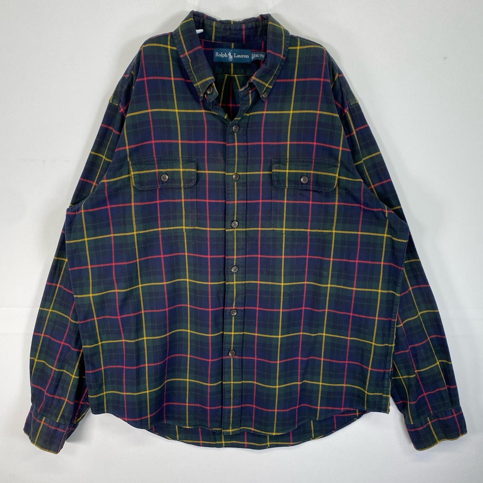 古着 ラルフローレン RALPH LAUREN 長袖シャツ フラップポケ チェック 大きいサイズ XL  ネイビー系 マルチカラー メンズ