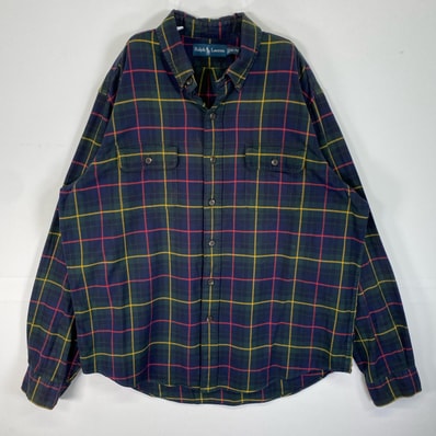 古着 ラルフローレン RALPH LAUREN 長袖シャツ フラップポケ チェック 大きいサイズ XL ネイビー系 マルチカラー メンズ