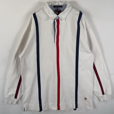 古着 90's/90年代 トミーヒルフィガー TOMMY HILFIGER 長袖 ラガーシャツ ワンポイント刺繍 ストライプ M ホワイト マルチカラー メンズ