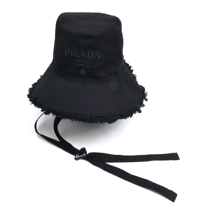 PRADA プラダ ワイドブリム ドリル バケットハット ハット ブラック 1HC348 2CXJ IC L レディース【中古】