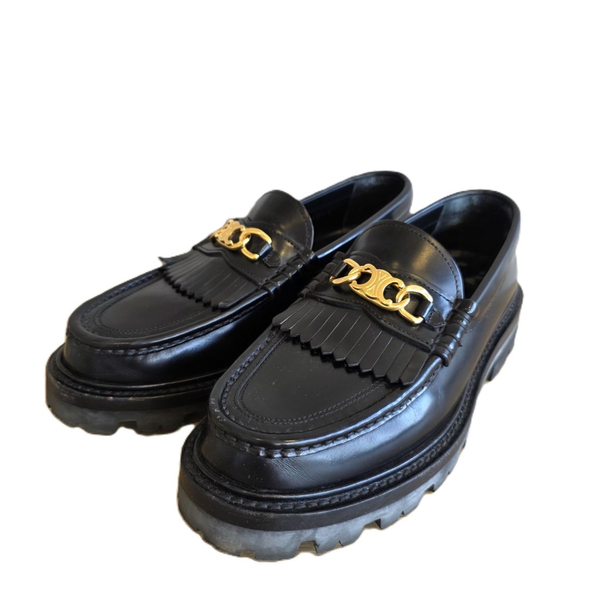【値下げ】CELINE セリーヌ トリオンフ チェーン付き マーガレット フリンジ 24cm ローファー 344893602C.38NO レザー ブラック  レディース【中古】