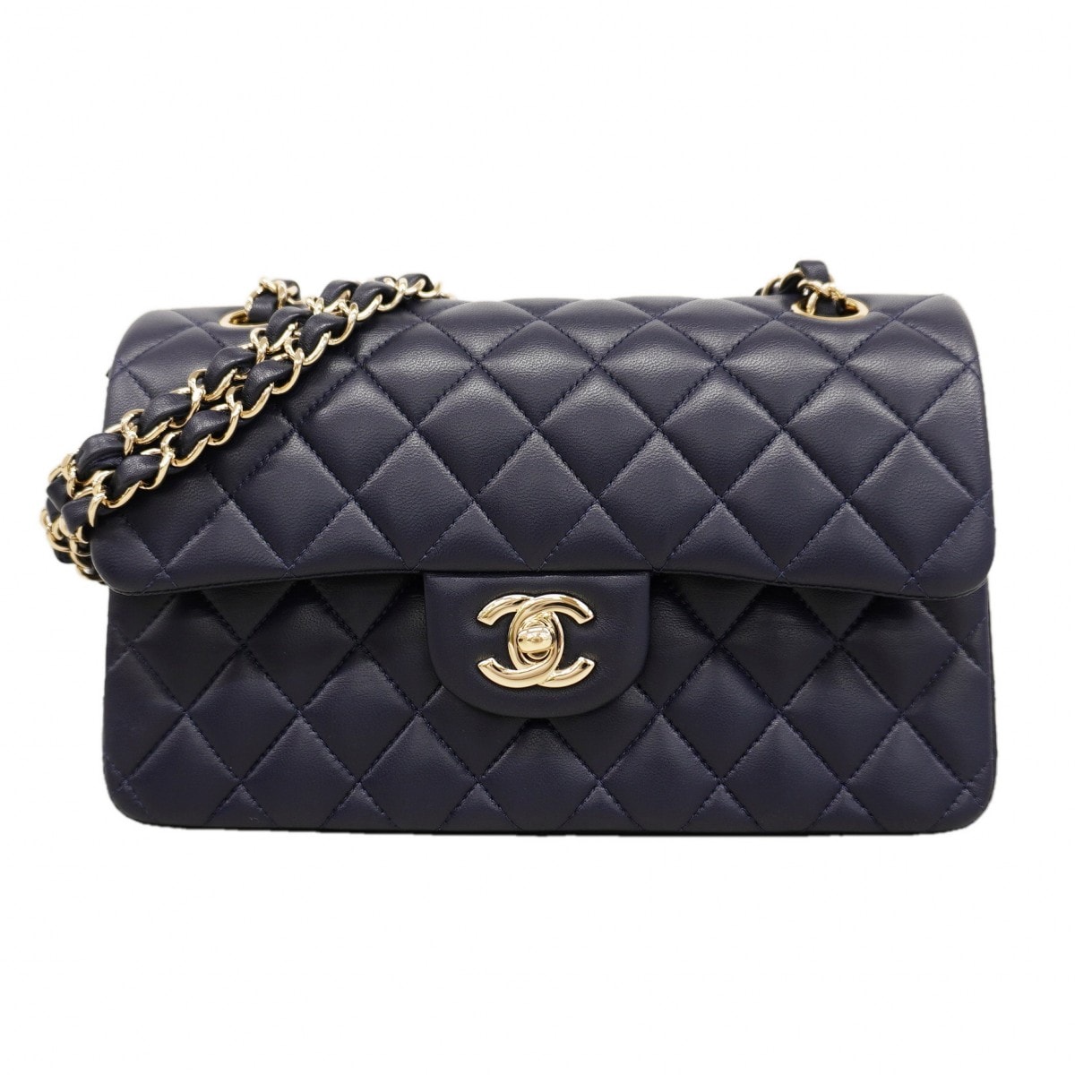 ★SALE【6fa1148】シャネル ショルダーバッグ マトラッセ Wフラップ Wチェーン ラムスキン ネイビー シャンパンゴールド金具【中古】レディース