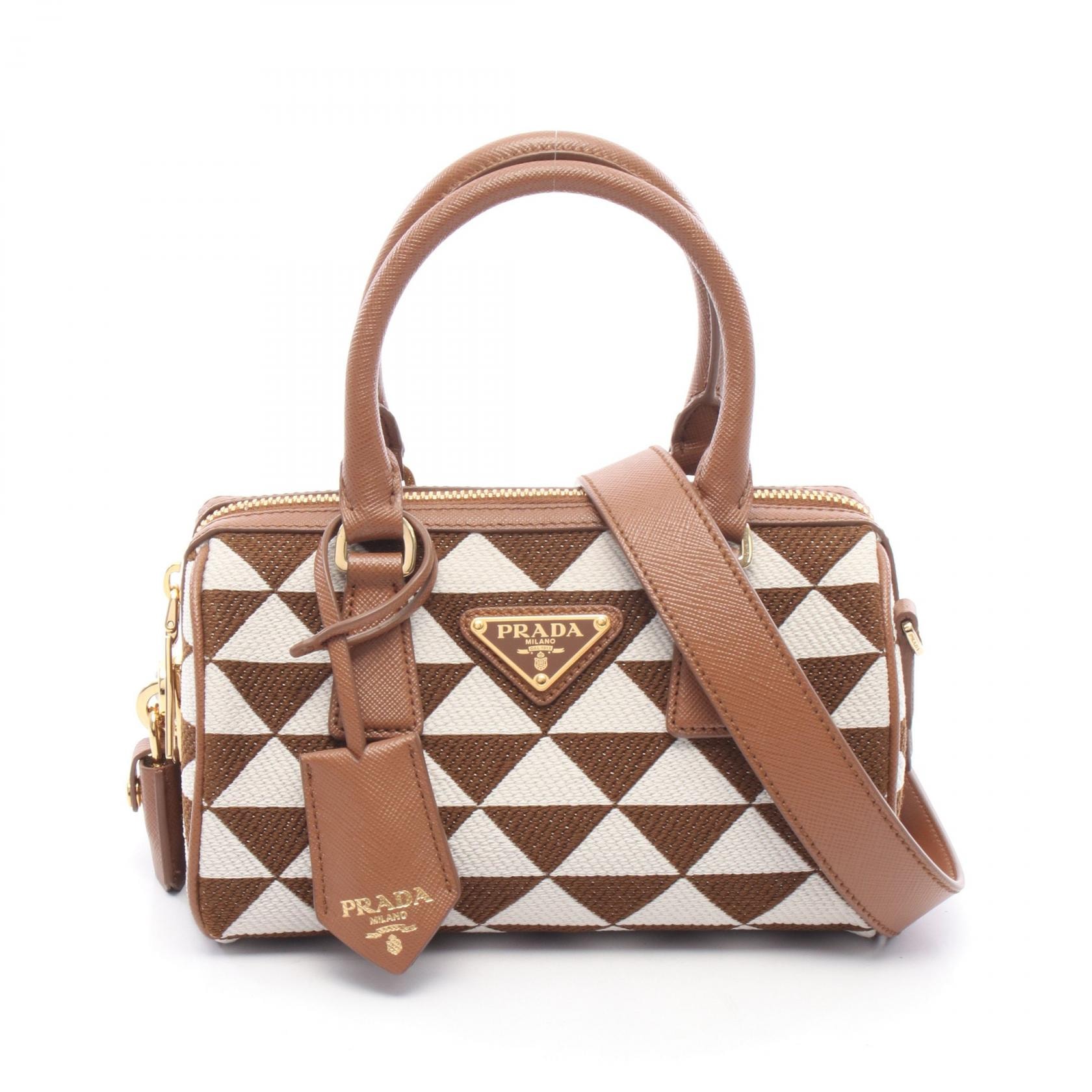 プラダ PRADA TRIANGOLO JACQU 2WAY ハンドバッグ バッグ キャンバス レザー レディース ブラウン系 / ホワイト系 1BB846 【中古】