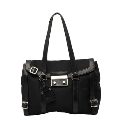 プラダ 三角ロゴプレート フラップ ショルダーバッグ ブラック ナイロン レザー レディース PRADA 【中古】