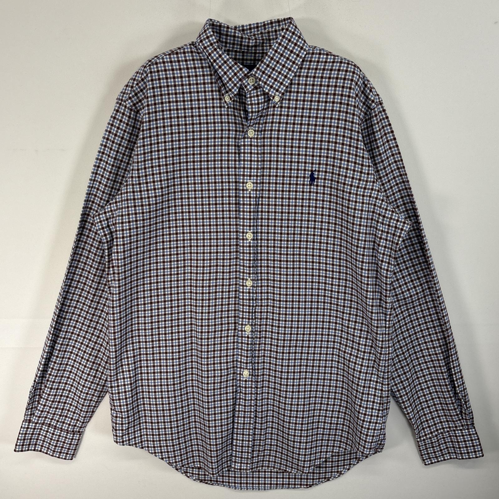 古着 ラルフローレン RALPH LAUREN 長袖シャツ チェック柄 ロゴ 刺繍 ボタンダウン S  水色系 マルチカラー メンズ