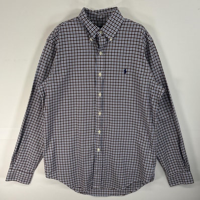 古着 ラルフローレン RALPH LAUREN 長袖シャツ チェック柄 ロゴ 刺繍 ボタンダウン S 水色系 マルチカラー メンズ