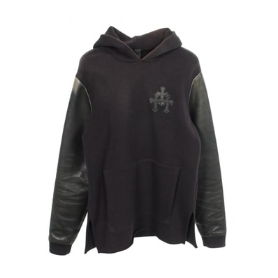 クロムハーツ CHROME HEARTS セメタリークロスパッチ レザー切替 裏起毛 パーカー 衣料品 トップス コットン レザー メンズ ブラック系 【中古】