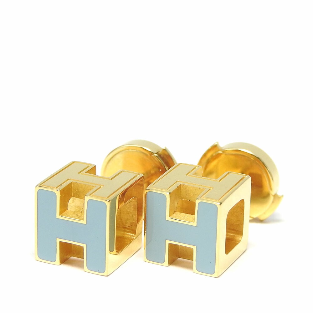 【中古】 エルメス ピアス カージュ ド アッシュ Hキューブ メタル ゴールド ライトブルー/ゴールド アクセサリー メッキ GP レディース 女性 HERMES