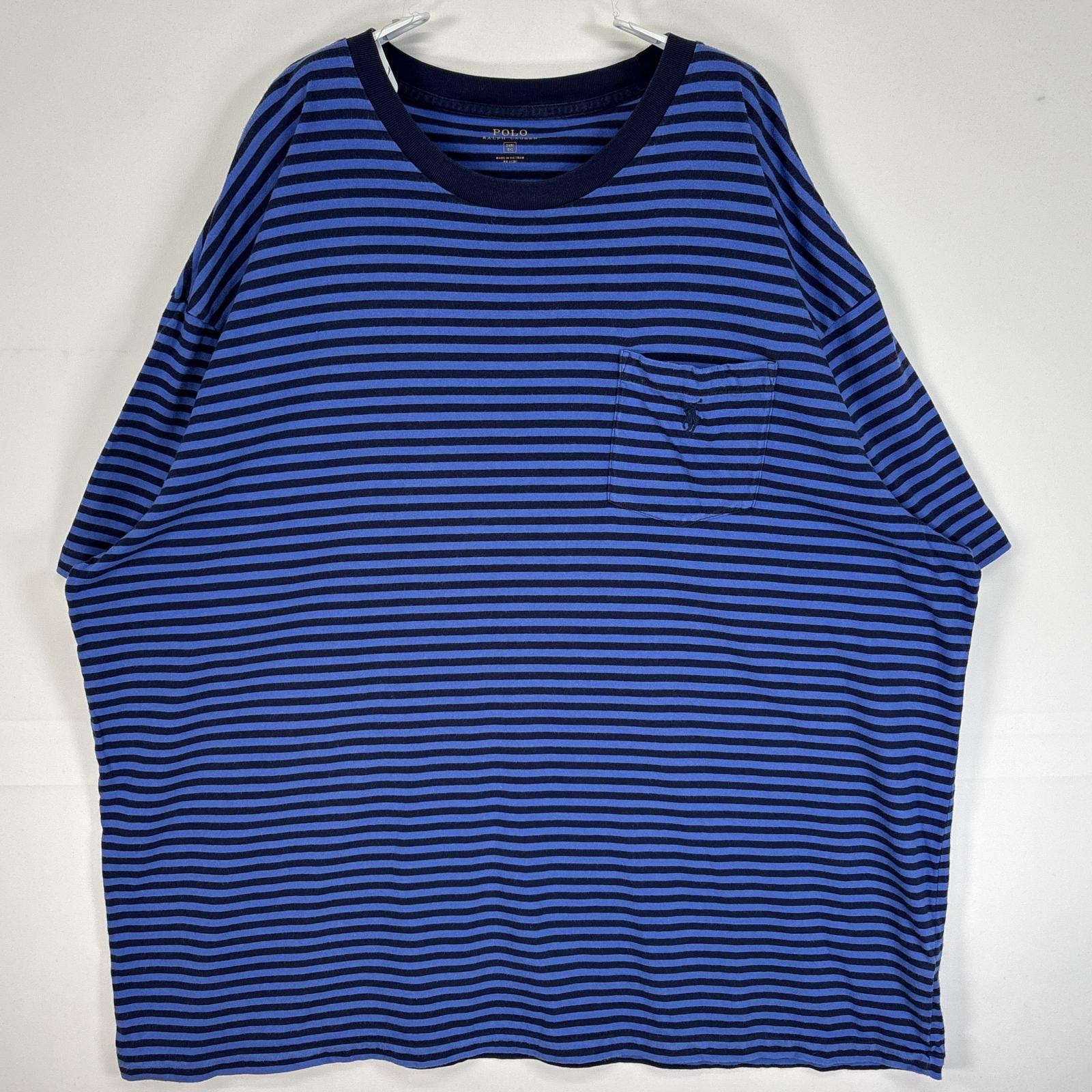 古着 ポロ・ラルフローレン POLO RALPH LAUREN 半袖Tシャツ ロゴ 刺繍 大きいサイズ クルーネック 2XB BIG  ブルー系 ボーダー メンズ