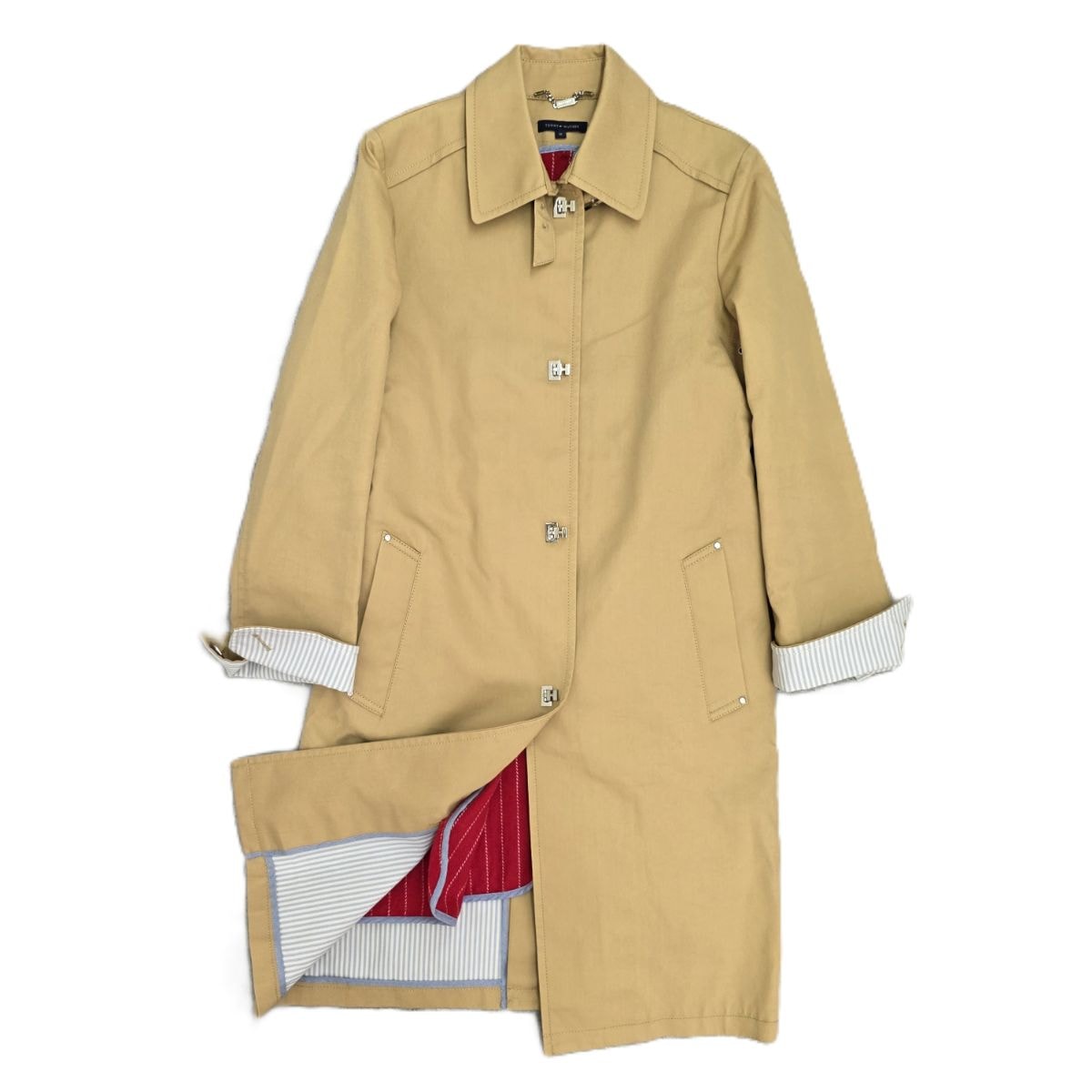 TOMMY HILFIGER トミーヒルフィガー ライナー付き ストライプ Hロゴ ボタン トレンチコート コットン ベージュ  レディース【中古】