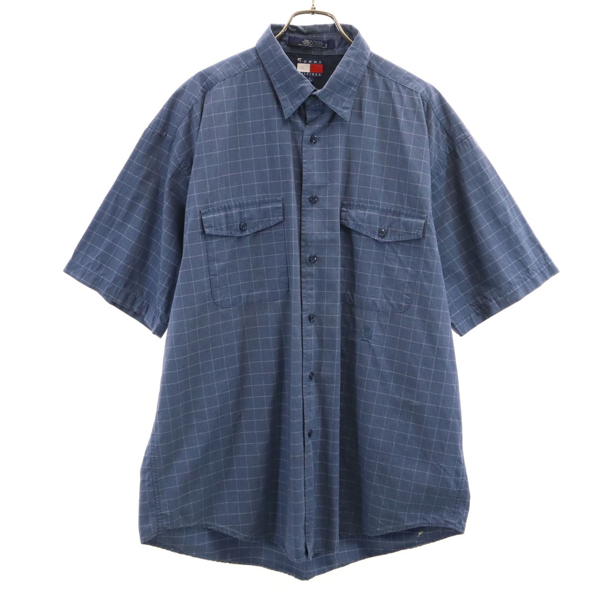 TOMMY HILFIGER トミーヒルフィガー 90s オールド チェック柄 半袖 シャツ L ネイビー系