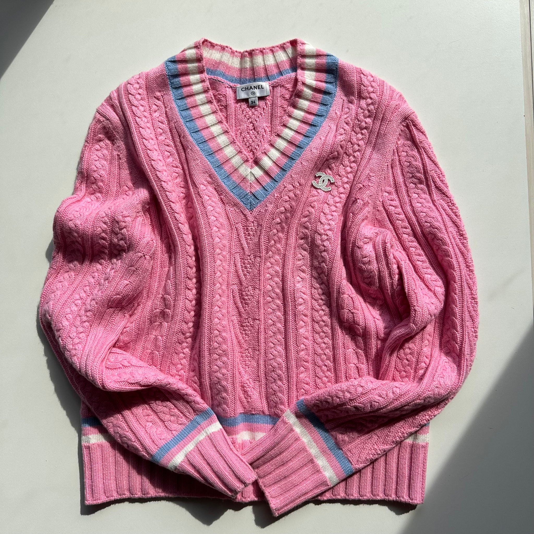 CHANEL Vネック ニット ケーブルニットセーター ピンク ストライプ 34