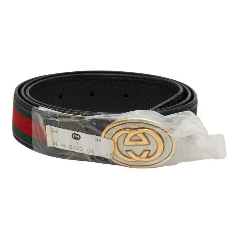 グッチ シェリーライン GGロゴ バックルベルト 0360840061 ブラック グリーン レッド レザー メンズ GUCCI 【中古】