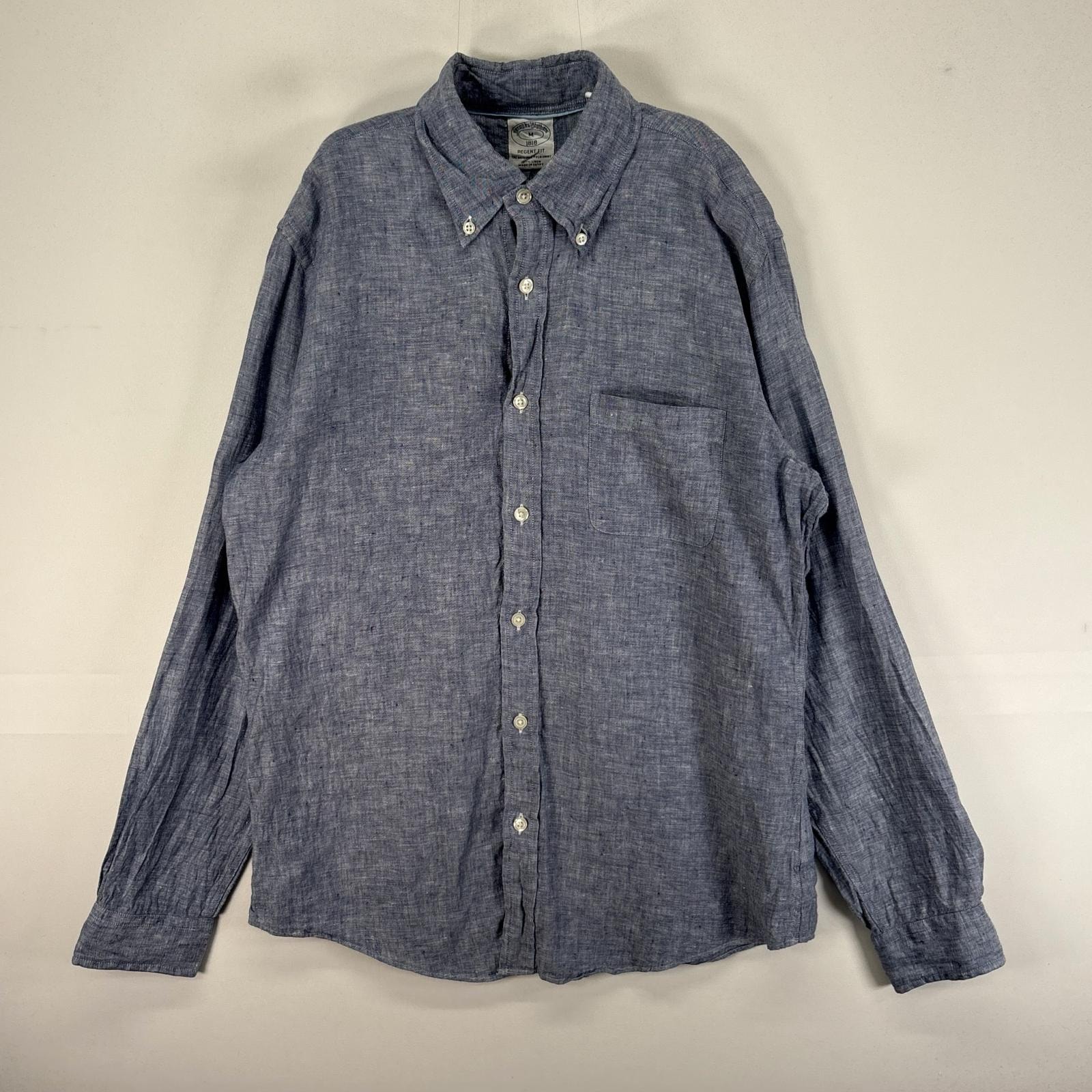 古着 ブルックスブラザーズ Brooks Brothers 長袖シャツ ボタンダウン 胸ポケ リネン M  ブルー系 無地 メンズ